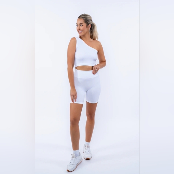 Paradise Fashion Ribbed One Shoulder Crop Top and Biker Shorts Set - Picture 1 of 4